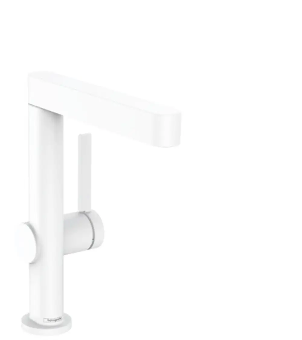 Einhebel-Waschtischmischer in Mattweiß von Hansgrohe mit schwenkbarem Auslauf und Push-Open Ablaufgarnitur, einfach und funktional gestaltet.